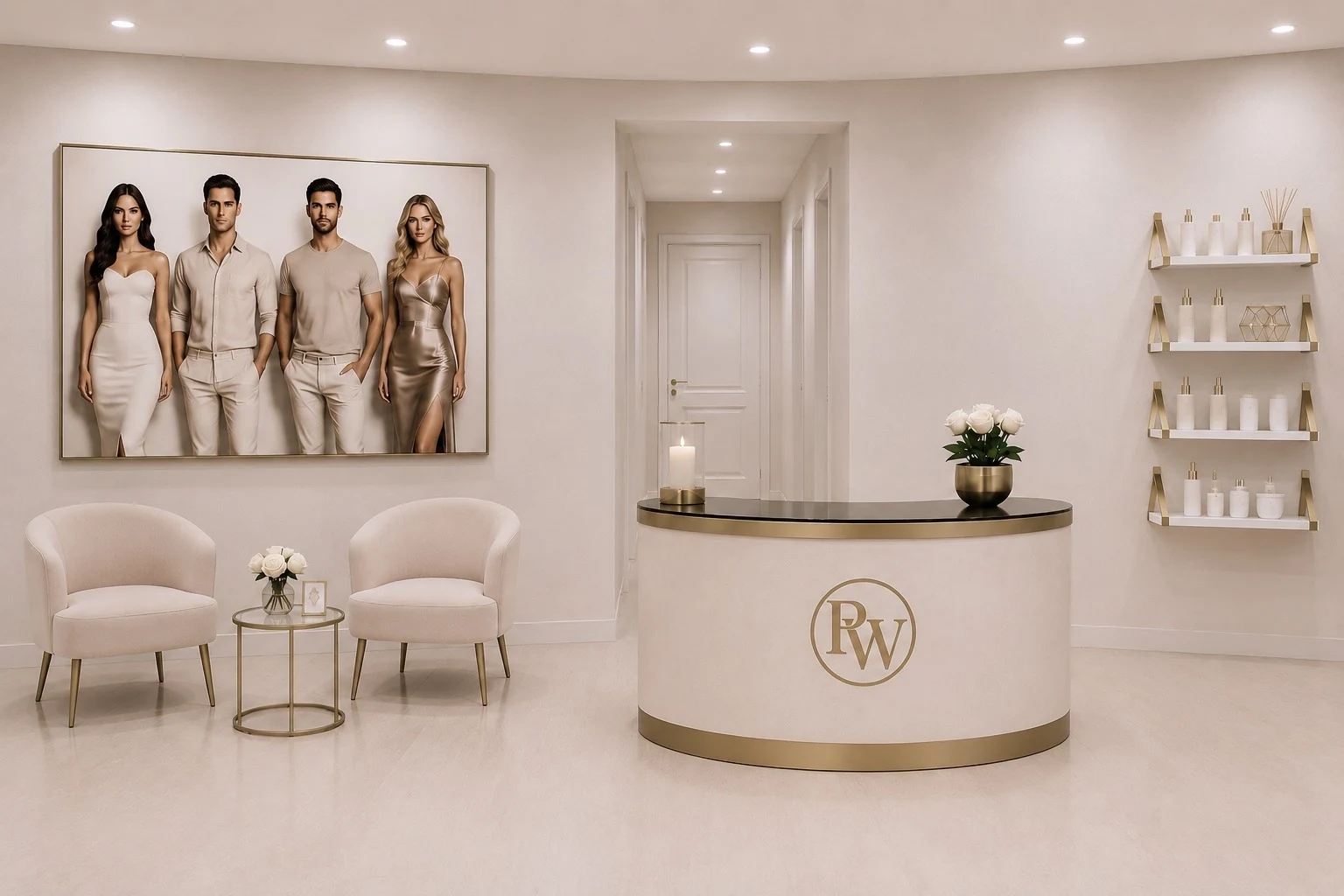 Empfangsbereich im Pretty WoMen Studio Berlin Wilmersdorf mit RW-Tresen