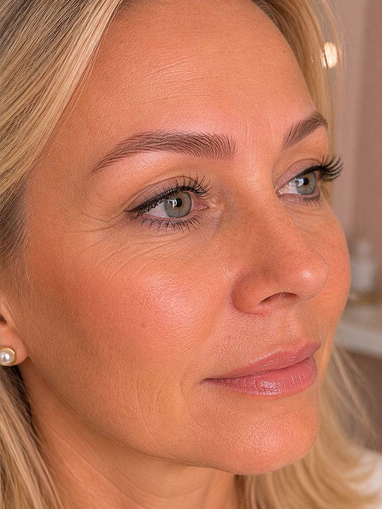 Microblading nachher: definierte, natürlich wirkende Augenbrauen mit feiner Härchenzeichnung nach Permanent Make-up Behandlung im Pretty WoMen Studio Berlin