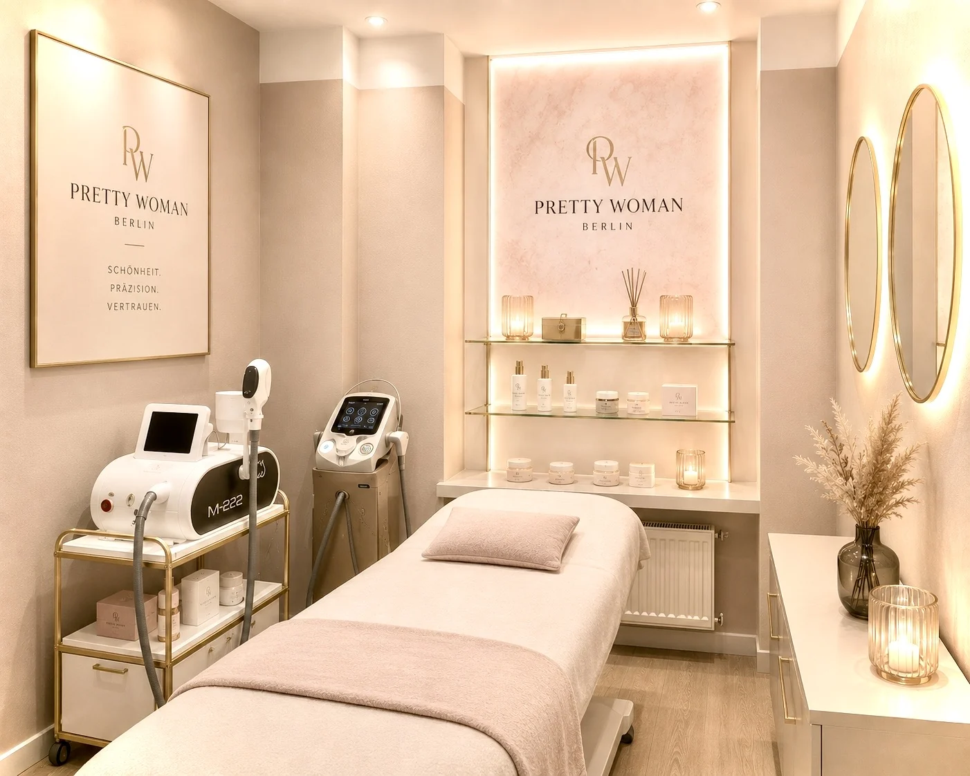 Behandlungsraum im Pretty WoMen Studio Berlin Charlottenburg mit Behandlungsliege und Permanent-Make-up-Geraet